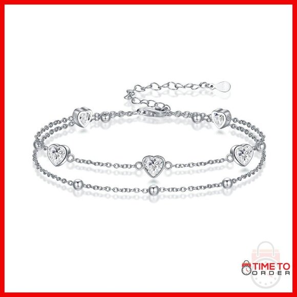 Jewelry - Sterling Silver Double Strand Heart Anklet with Birthstone Charm